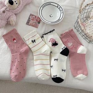 Women Cotton Crew Socks Ruffle Edge Lettuce Trim Cute Rabbit Mushroom Bow Embroidery Kawaii Japanese Style Mid Calf