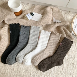 Women's Sweet Style Wool Slouch Socks With Bow Embroidery And Lettuce Trim Winter Warm Ribbed Crew Socks For Girls Comfort