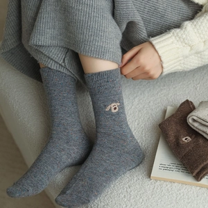 Speckled wool socks for women with cute puppy embroidery in grey and brown knit styles