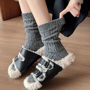Winter set with grey knit wool socks and black faux fur lined double strap slippers