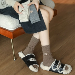 Thick wool socks for women with cute puppy embroidery in brown and beige tones