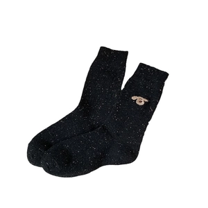 Thick wool blend thermal socks in black marl with cute cartoon dog embroidery detail