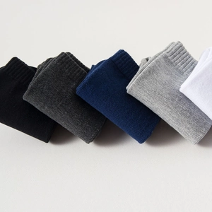 Detail of five pairs of cotton mid-calf socks in black grey navy and white colors