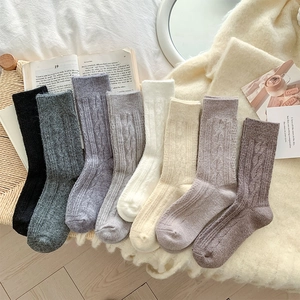 Women Wool Blend Slouch Socks Thickened Warm Winter Cable Knit Mid-calf Solid Color Casual Soft Thermal Cozy
