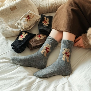 Thick wool knit socks for women featuring cute 3D brown bears and heart patterns