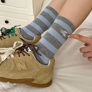 Japanese style striped crew socks with bear embroidery and RiLi lettering detail