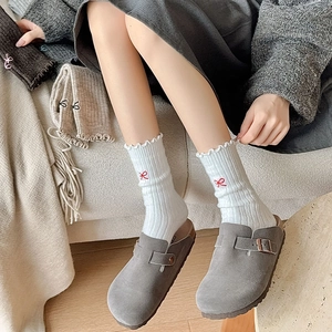 White wool blend mid-calf socks with cute red bow embroidery and ruffled ribbing
