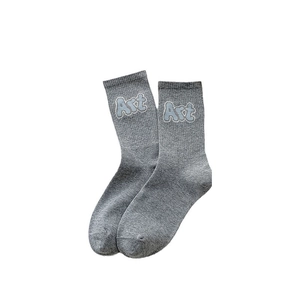 Japanese style grey crew socks featuring light blue Art embroidery and ribbed cuffs