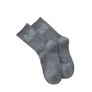 Casual dark grey striped crew socks featuring blue Art embroidery in soft cotton