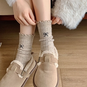 Thick wool socks in light coffee with cute bow embroidery and ruffled lettuce trim