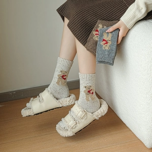 Detailed knit texture of wool socks featuring cute cartoon bear pattern and ribbed cuffs