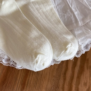 Macro detail of white ribbed knit socks featuring delicate lace embroidery edges