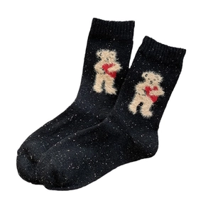 Thick wool socks for women featuring a cute cartoon bear motif on black tweed knit fabric