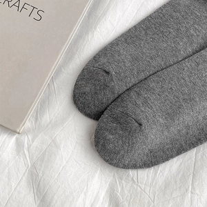Detail of seamless toe stitching on grey ribbed knit mid-calf socks for women