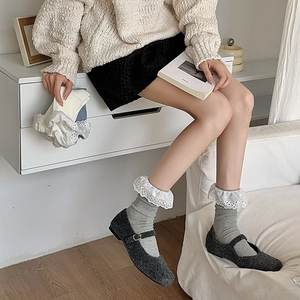 Detailed view of gray knit crew socks with white lace trim and Mary Jane shoes