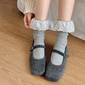 Lace ruffle trim knit crew socks for women in sweet lolita style with grey texture