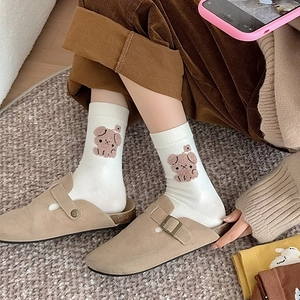 Chaussettes japonaises blanches avec broderie d'animaux floqués et revers côtelés