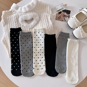 Chaussettes En Coton Pour Femmes À Pois Côtelées Bordure À Volants Mi-Mollet Style Japonais Doux Respirant Mode