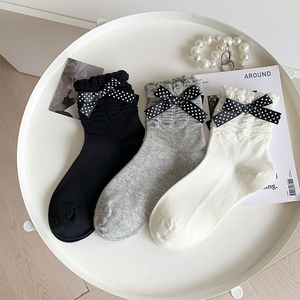 Women Cotton Blend Mid Calf Socks Ruffle Lettuce Trim Polka Dot Bow Ribbed Knit Japanese Style Sweet Accessory