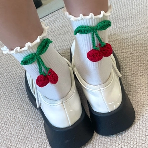 Chaussettes Mi-hautes Femmes Mélange Coton Cerise Crochetée 3D Bord À Volants Tricot Côte Style Japonais JK Kawaii