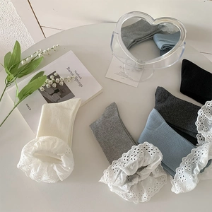 Close-up of lolita lace trim socks in multiple colors with ribbed knit texture
