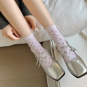 Silver Mary Jane shoes with purple polka dot mesh socks featuring sweet lace trim