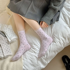 Detailed view of light purple polka dot mid-calf socks with delicate lace mesh trim