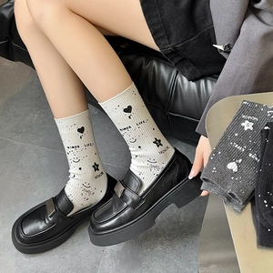 Starry sky graffiti mid-calf socks with smile face heart pattern and ribbed knit texture