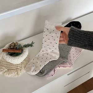 Detail of soft knit mid-calf socks with cute polka dots and white lace trim in four colors