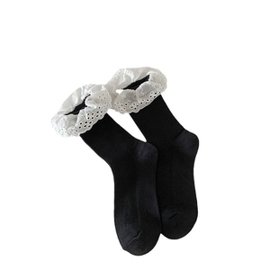 Black cotton socks with wide white floral lace trim and embroidery in Lolita style