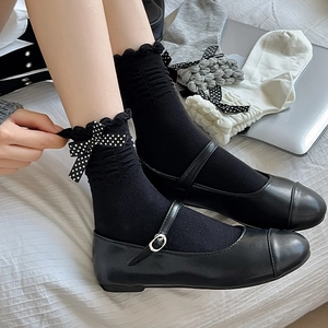 Japanese style lace socks for women featuring polka dot bows and ruffle trim mid-tube design