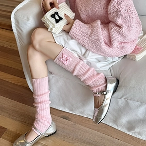 Jambières en tricot rose à côtes avec nœuds pour style JK et mode Lolita