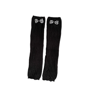 Jambières tricotées noires style Lolita avec nœuds à pois gris pour femmes en hiver