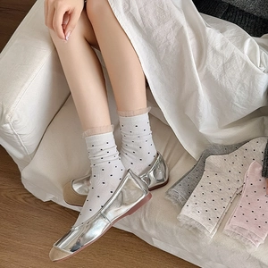 Detailed view of mesh lace trim and polka dot pattern on stylish mid-calf socks