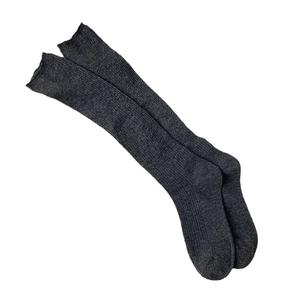 Dark gray calf-length socks with vertical knit stripes and minimalist flat top cuffs
