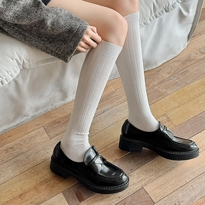 Detail of white ribbed crew socks paired with black patent leather platform loafers
