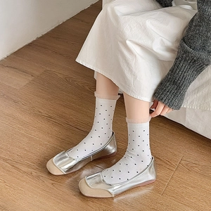 Japanese style white polka dot socks with lace trim and sweet mesh ruffles for women