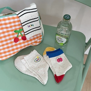 Three pairs of Japanese style cotton socks with Happy Luck embroidery and stripe patterns
