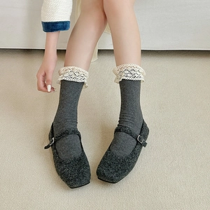 Retro Mary Jane shoes paired with gray lace-trimmed crew socks in a vintage aesthetic