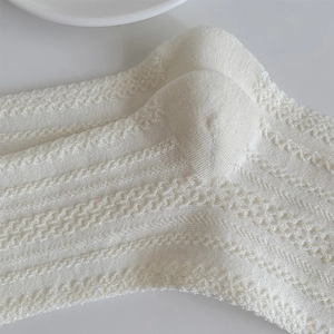 Gros plan de chaussettes en maille ajourée blanche aux motifs ondulés de style vintage