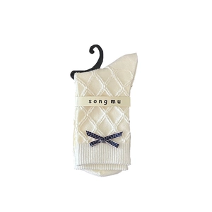 Vintage floral white knit crew socks with blue bow and argyle texture for women