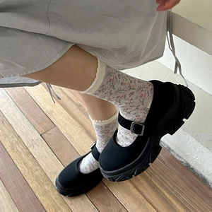Close-up of floral crew socks with scalloped edges and platform Mary Jane shoes