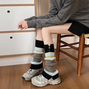 Women Slouchy Leg Warmers Knitted Acrylic Striped Pattern Button Decor Japanese Style Winter Autumn Retro Accessory Girls