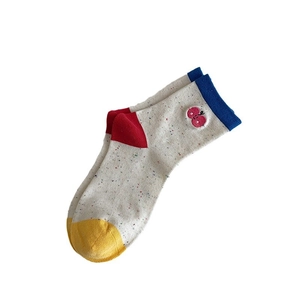 Cute Japanese style confetti yarn cotton socks with cherry embroidery and color blocking