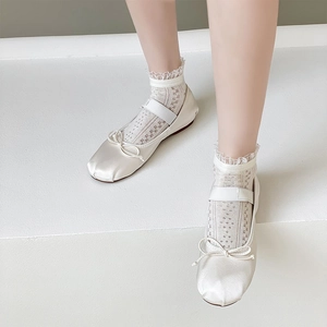 Détail de chaussettes en dentelle blanche portées avec des ballerines en satin chic