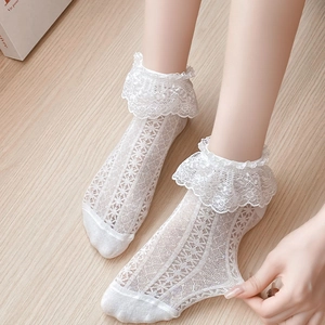Women Lace Trim Lolita Ankle Socks Cotton Hollow Out Mesh Ruffle Bowknot Japanese JK Style Sweet Cute