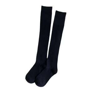 Classic black over-the-knee ribbed knit socks with a minimalist vertical texture for women