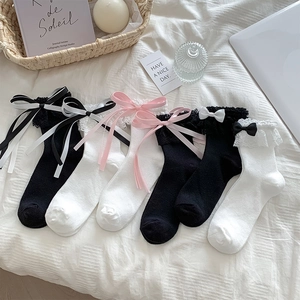 Damen Socken Spitze Schleife Süß Lolita Stil Atmungsaktive Baumwollmischung Mittlere Wadenlänge Kawaii Prinzessin