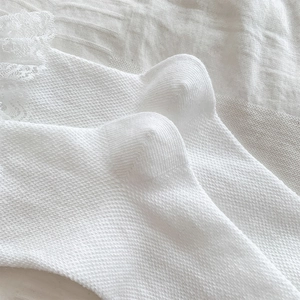 Makroaufnahme weißer Stricksocken mit feiner Spitze und weicher Netzstruktur-Details