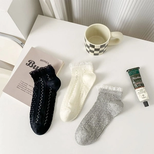 Chaussettes Courtes Femme Coton Dentelle Maille Ajourée Respirante Nervurée Style Japonais Doux Mode